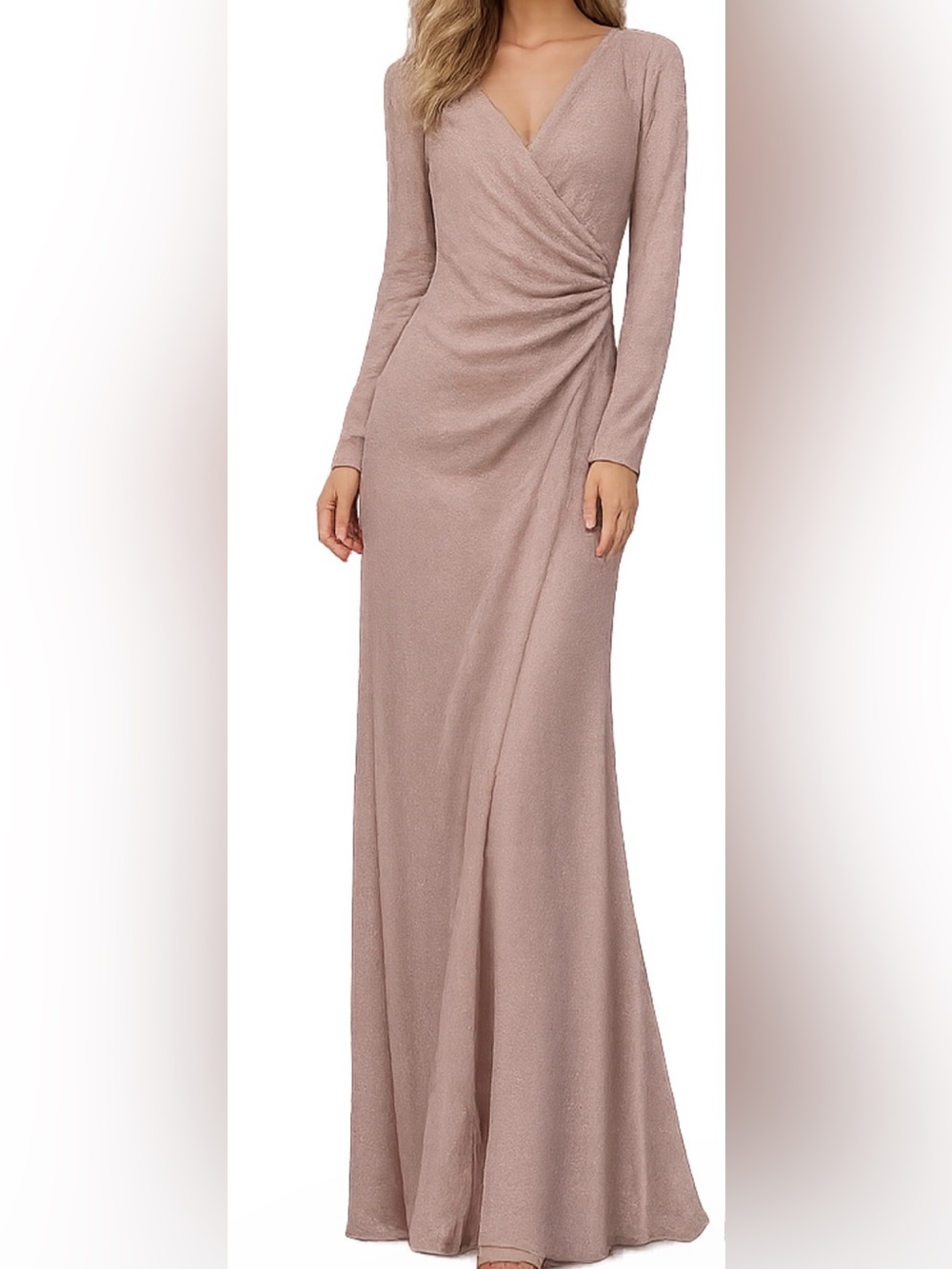 Vince Camuto Wrap Maxi Dress – Size 4 | Blush Taupe | Long Sleeve Formal Gown